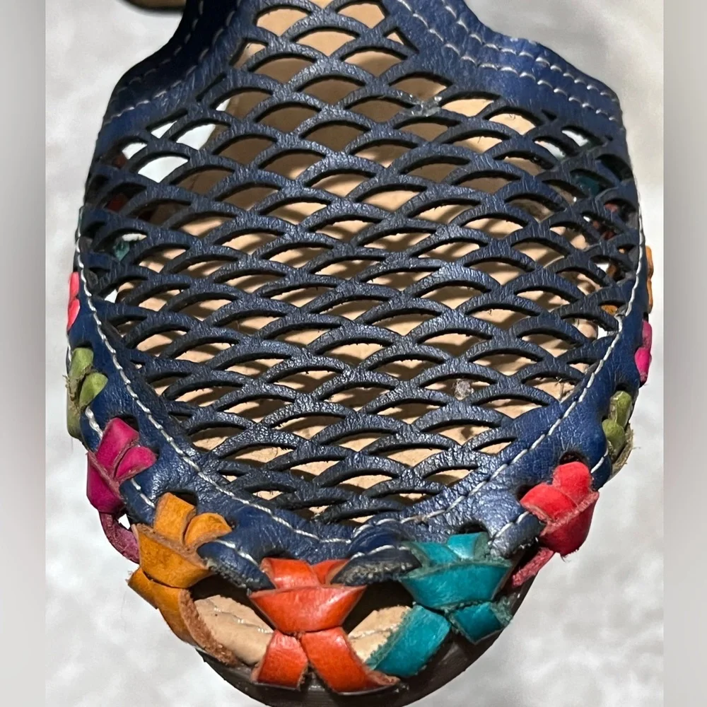 Navy Woven Leather Sandals with Multicolor Flower Trim